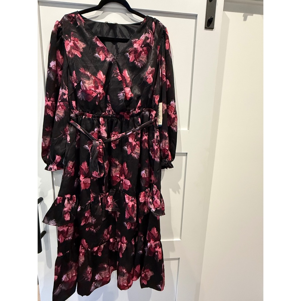 Terra & Sky Womens Plus Size Floral Satin Tiered Ruffle Midi Dress Black Pink